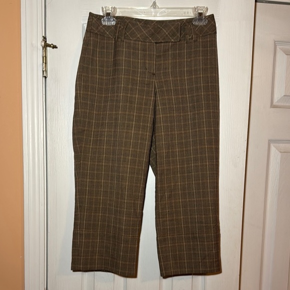 Plaid Cropped Pants Career Casual Brown Tan Checkered Trousers - Picture 1 of 6